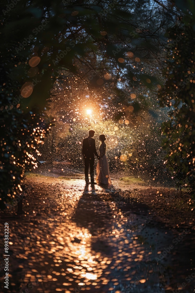 A couple is standing in the rain, with the man holding the woman's hand A couple is standing in the rain, with the man holding the woman's hand