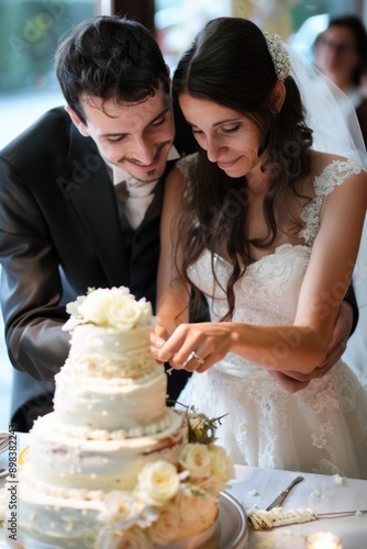 A bride and groom are cutting a wedding cake together