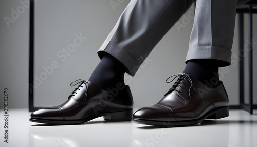 Closeup of a businessman's smart, well-maintained dress shoes and socks, captured from a dynamic perspective to convey a sense of ambition and progress within a sleek minimalist office