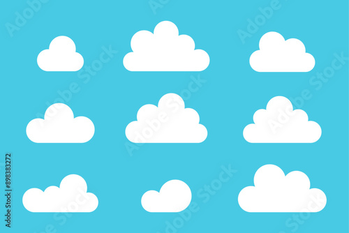 Simple set of cloud illustrations isolated on blue background. Sky symbols. Vector icons in flat style