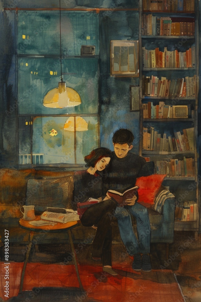 A couple is sitting on a couch reading a book A couple is sitting on a couch reading a book