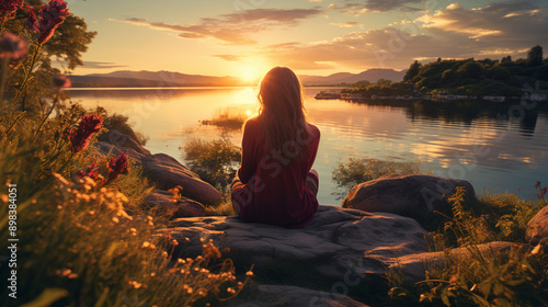 relaxation and tranquility, person looking at a beautiful sunset landscape scene on a summer evening, photography. 