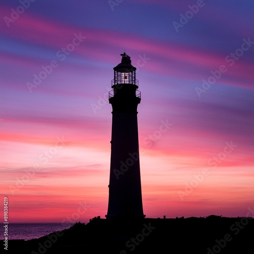 Silhouette of a lighthouse standing tall against a pink and purple sky