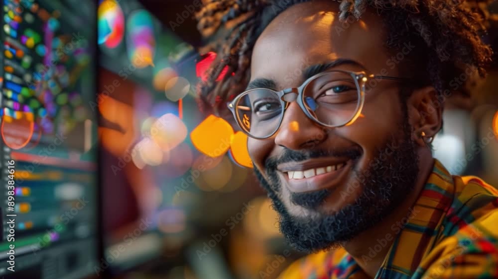 A young man with dreadlocks and a beard smiles while sitting in front of a computer screen, taking a virtual language class. A young man with dreadlocks and a beard smiles while sitting in front of a computer screen, taking a virtual language class.