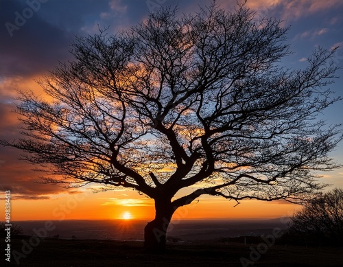 Silhouette of a tree with bare branches against a dramatic sunset