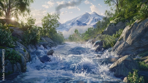 Flowing Mountain River with Rapid Currents