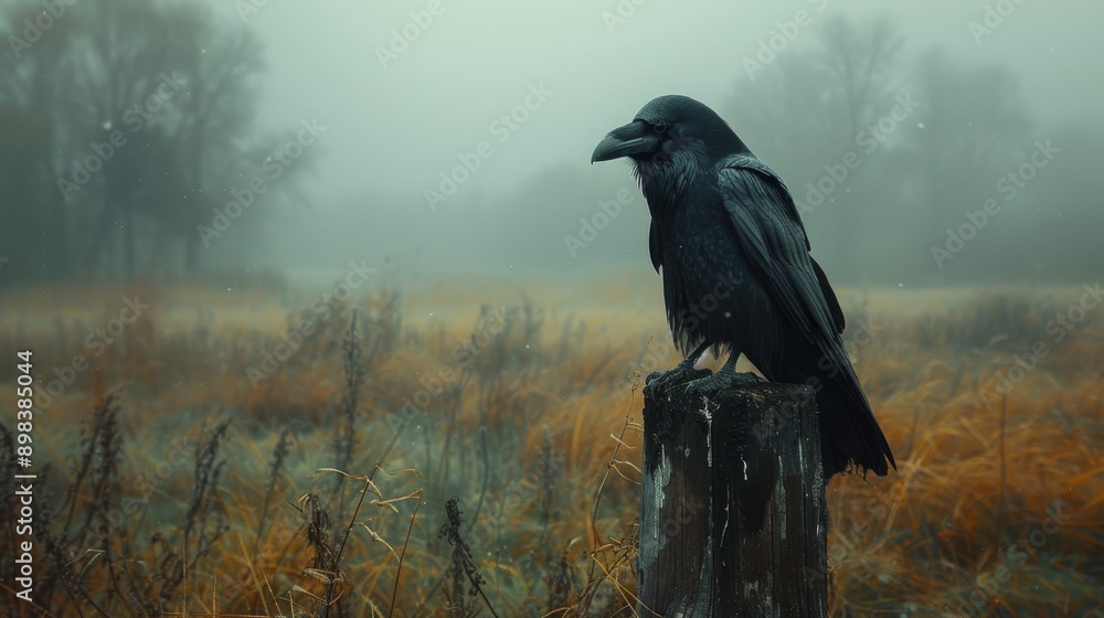 Fototapeta premium Large black raven is perched on a wooden post in a misty field, its dark feathers contrasting against the muted colors of the landscape