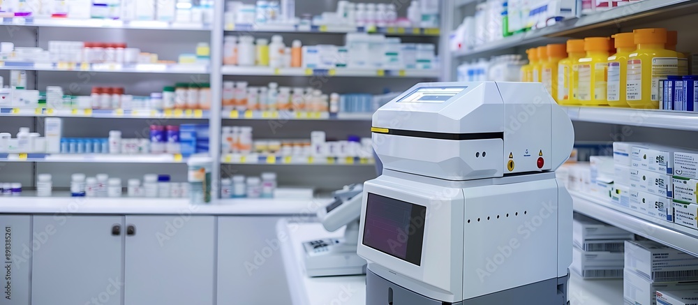An automated medication dispensing robot in a hospital pharmacy, ensuring accurate and safe distribution of medications. An automated medication dispensing robot in a hospital pharmacy, ensuring accurate and safe distribution of medications.
