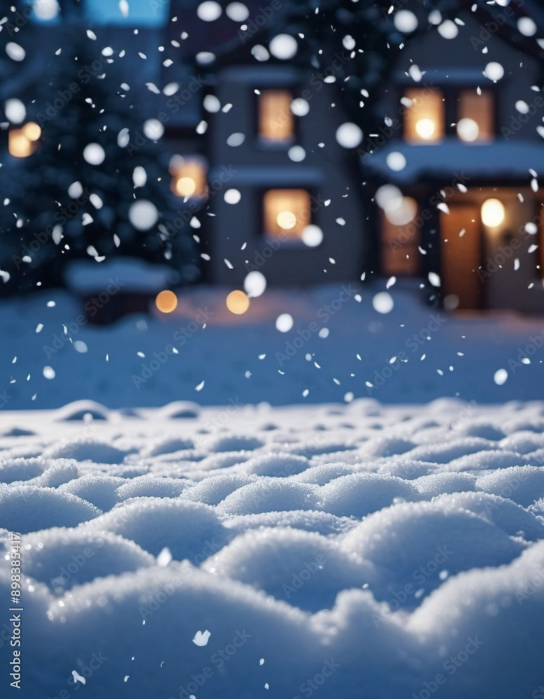 Cute Christmas night landscape covered with fresh snow. Wonderful winter village. New Year Christmas atmosphere. Festive enchanting winter wonderland. Snowflakes, snowdrifts and hills. AI generated Cute Christmas night landscape covered with fresh snow. Wonderful winter village. New Year Christmas atmosphere. Festive enchanting winter wonderland. Snowflakes, snowdrifts and hills. AI generated