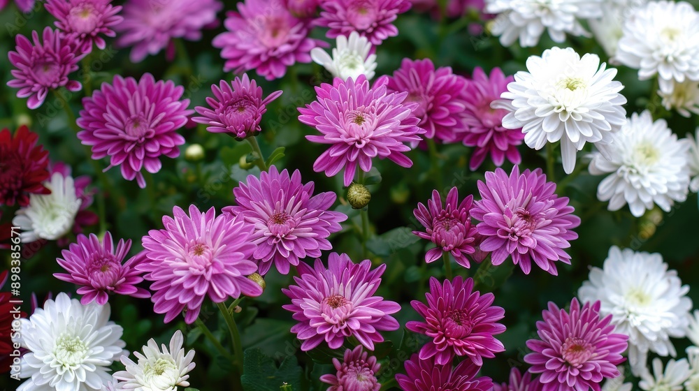 Flowering plants known as mums in purple and white Flowering plants known as mums in purple and white