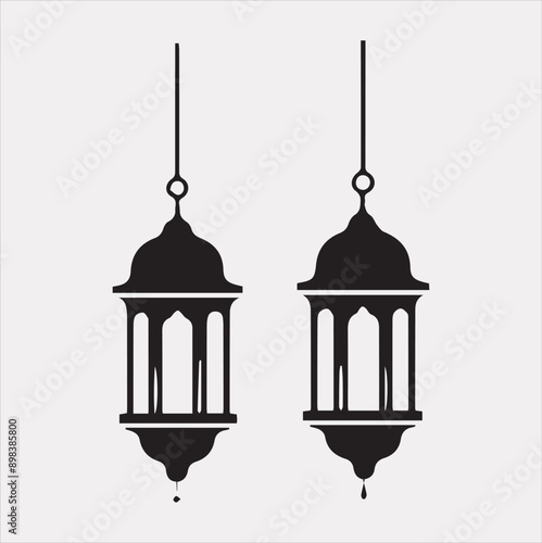 Ramadan lanterns silhouette simple and clean flat line art lamp on white background