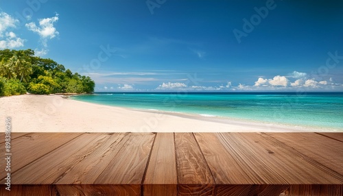 Wooden table top for product placement in front of beautiful tropical beach  Generative AI © kimberly