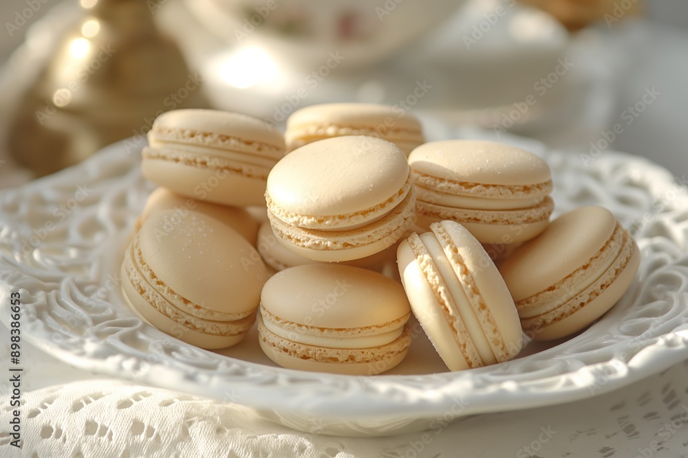 A plate of white macarons on a decorative white plate A plate of white macarons on a decorative white plate
