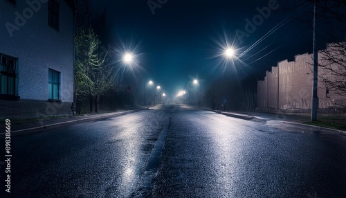 A dark, empty street with flickering streetlights