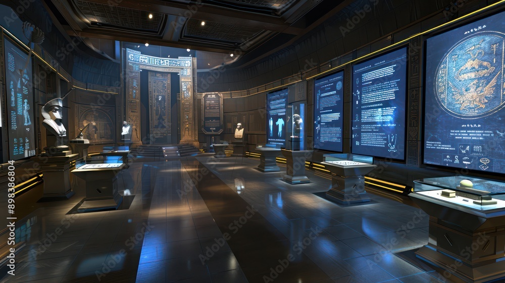 digital museum where history enthusiasts attend virtual tours, with screens showing artifacts, timelines, and interactive exhibits digital museum where history enthusiasts attend virtual tours, with screens showing artifacts, timelines, and interactive exhibits