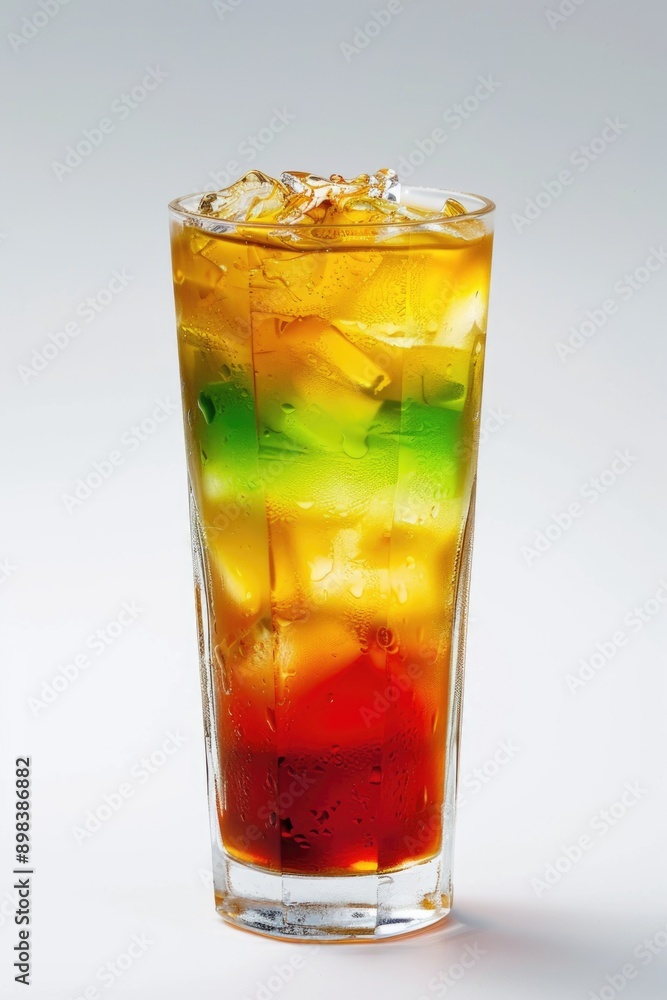 Soda with ice and garnishes in a clear glass. Soda with ice and garnishes in a clear glass.