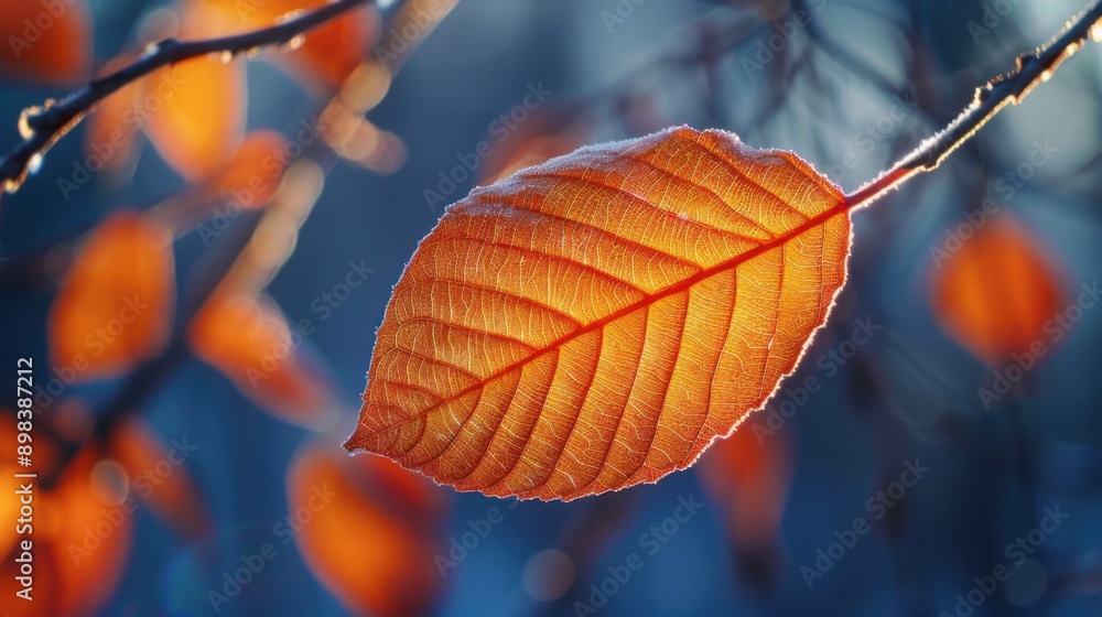 Close-up of an autumn leaf with vibrant orange color against a blue blurred background, creating a beautiful fall scenery. Close-up of an autumn leaf with vibrant orange color against a blue blurred background, creating a beautiful fall scenery.