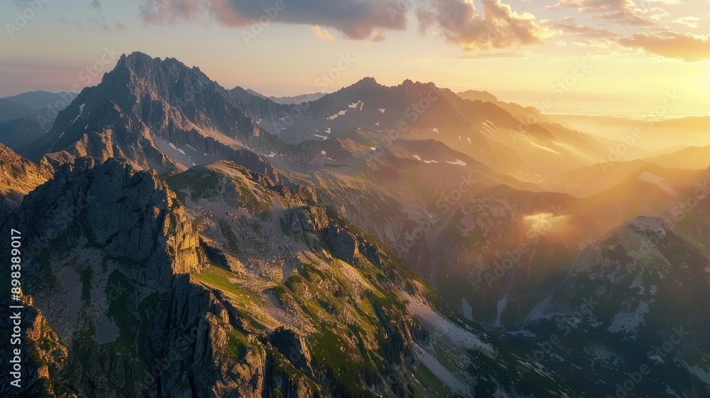 Fototapeta premium Mountain Peaks Bathed in Golden Sunset Light