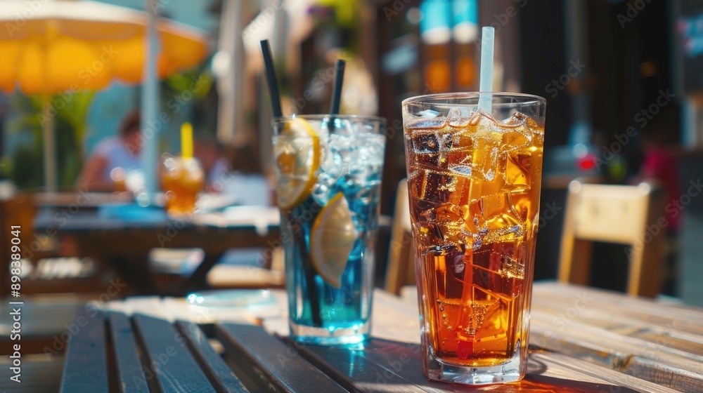 Refreshing drinks on a table at an outdoor cafe. Iced tea, lemonade, and soda are served in clear glasses with straws. Refreshing drinks on a table at an outdoor cafe. Iced tea, lemonade, and soda are served in clear glasses with straws.