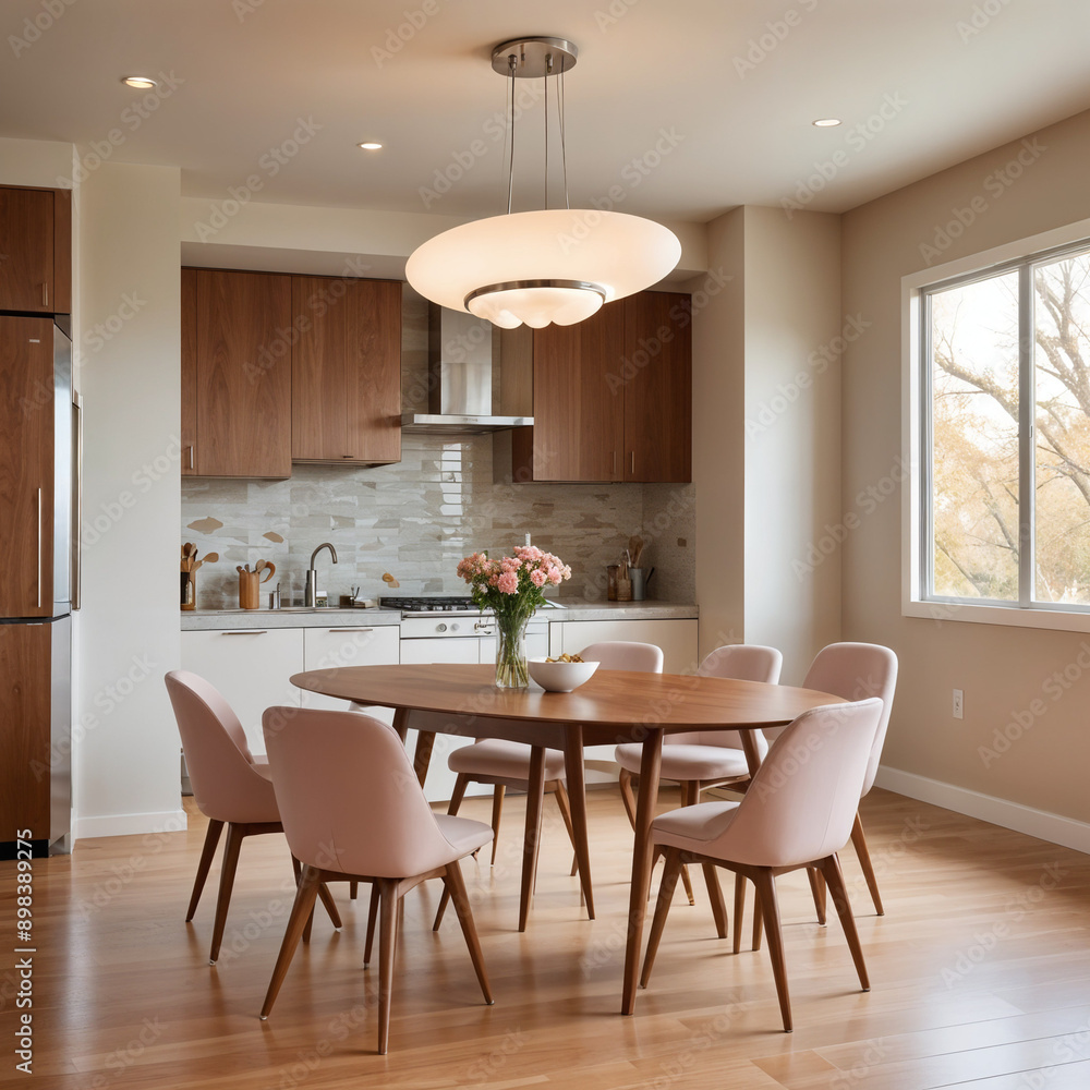 A modern dining area featuring an oval walnut dining table with elegant tapered legs, surrounded by mid-century inspired upholstered chairs in muted pastel tones. A modern dining area featuring an oval walnut dining table with elegant tapered legs, surrounded by mid-century inspired upholstered chairs in muted pastel tones.