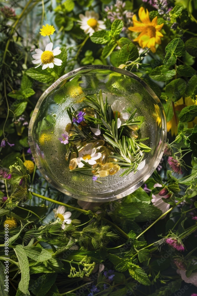 Close up of herbs in a glass jar with water, surrounded by wildflowers. Close up of herbs in a glass jar with water, surrounded by wildflowers.