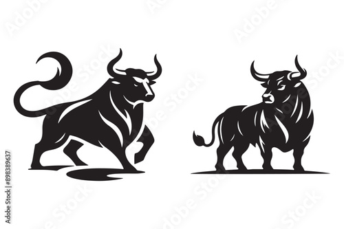bull set black silhouette vector illustration white background - Generative AI