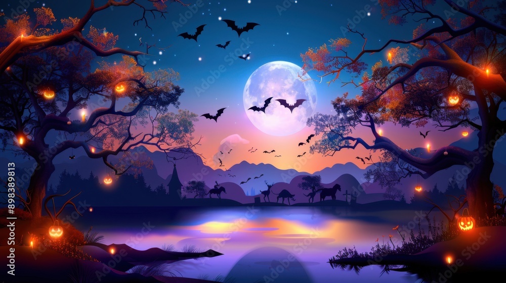 Adorable bats and full moon, spooky sky, flat design illustration Adorable bats and full moon, spooky sky, flat design illustration