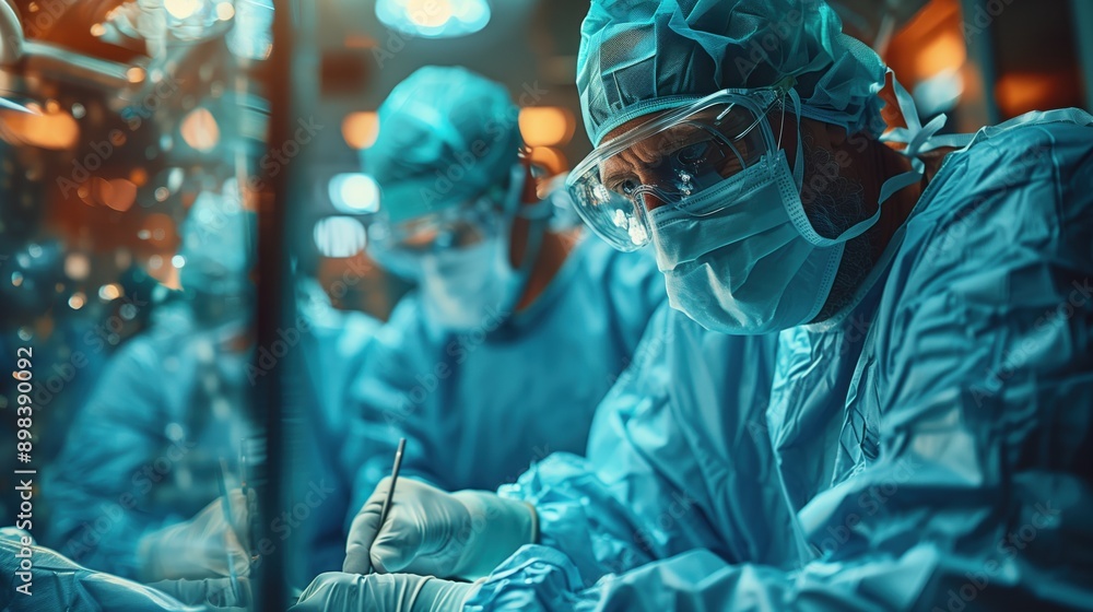 Surgeon Preparing for Medical Procedure. Surgeon in full surgical attire prepares for a medical procedure, surrounded by a team of focused healthcare professionals. Surgeon Preparing for Medical Procedure. Surgeon in full surgical attire prepares for a medical procedure, surrounded by a team of focused healthcare professionals.