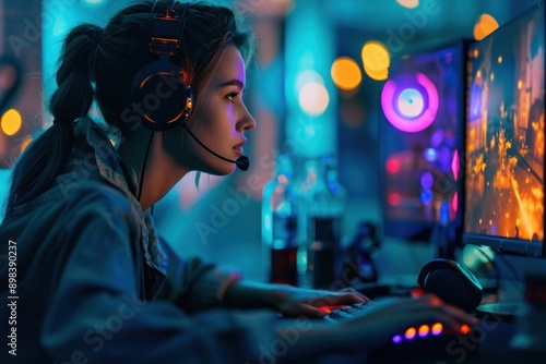 Woman playing computer video game headphones headset adult. . © Rawpixel.com