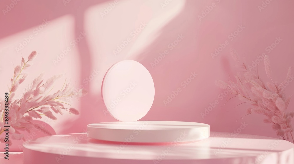pink background with minimalistic round podium for product presentation pink background with minimalistic round podium for product presentation