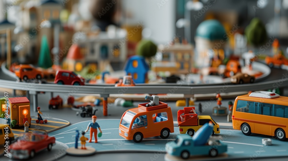 Fototapeta premium Miniature toy city layout with various toy vehicles, buildings, and figures, showcasing a busy urban transportation scene on roads and highways.