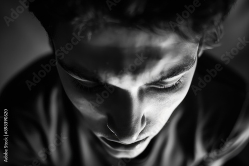 Portrait of a teenage boy with intense emotion, captured in black and white. High contrast creates a dramatic effect.
