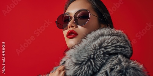 A woman wearing sunglasses and red lipstick stands in front of a red background. She is wearing a fur coat and she is posing for a photo © vefimov