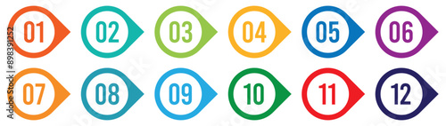 Colorful number bullet point 1 to 12 vector set.