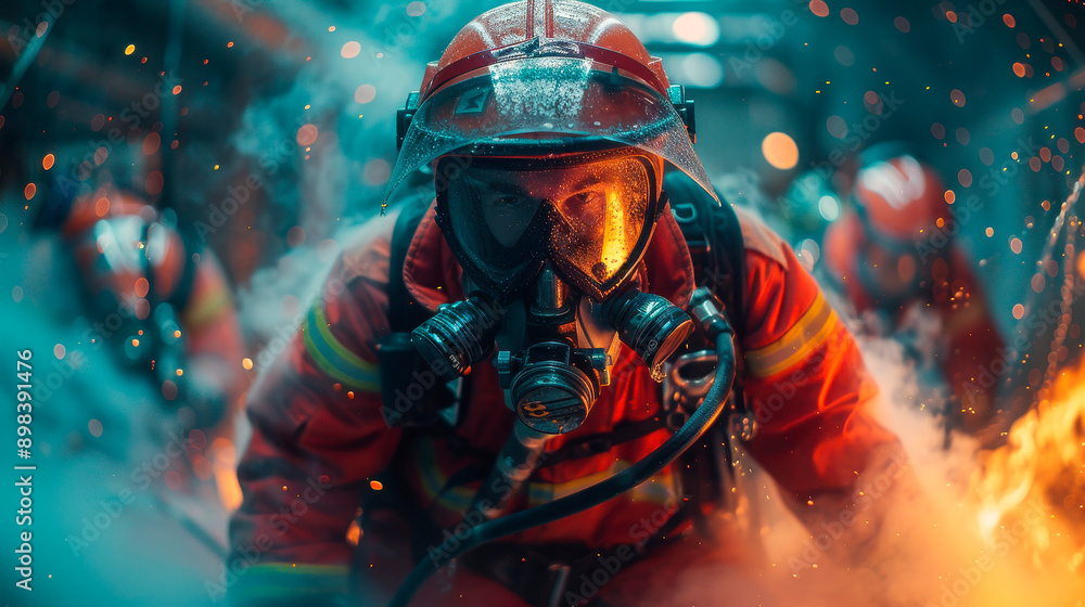 Portrait of a strong fireman in a protective helmet against the background of fire and fire. Professional work Portrait of a strong fireman in a protective helmet against the background of fire and fire. Professional work