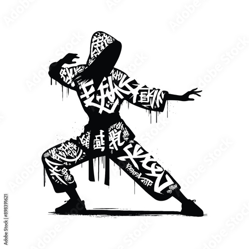 kungfu, Tai Chi  female player in graffiti tags, street art pattern illustration, emblem shield badge