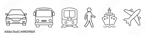 Transport line icons set. Car, Bus, Train, Ship, Plane and on foot. Public, travel and delivery transport icons. Eps10 vector.