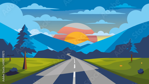 Beautiful Sunset Over Green Field Road. High-Quality Landscape Illustration.