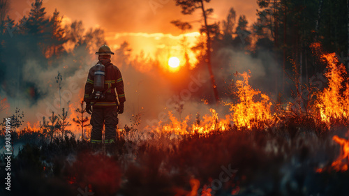 Brave firefighter against the background of a burning forest. Firefighting and forest rescue.