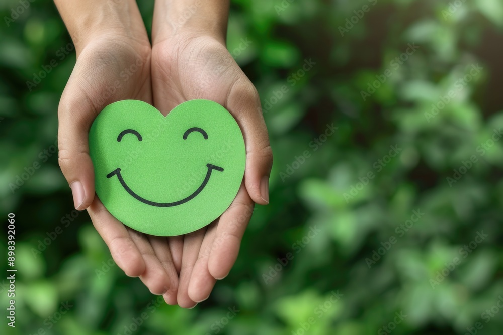 Green, leafy plants behind hands holding green hearts with smiling faces Green, leafy plants behind hands holding green hearts with smiling faces