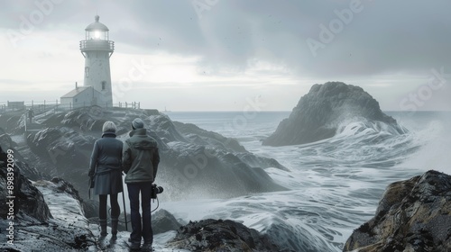 A photograph of an elderly couple visiting a lighthouse on a rocky coast, with waves crashing against the shore. Ultra detailed photo