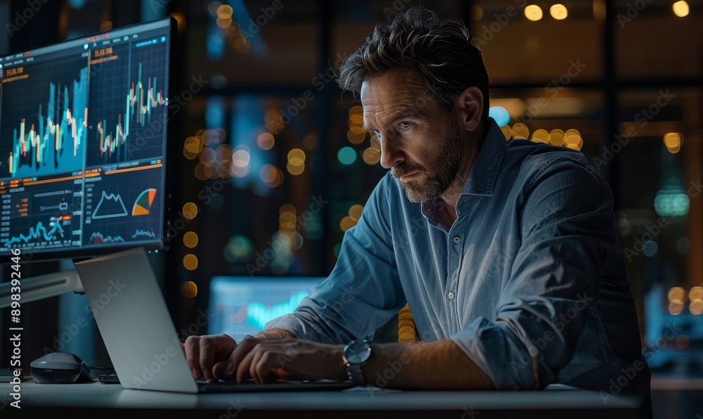 Busy serious business man broker stock exchange trade investor trader looking at laptop computer screen analyzing statistics graphs invest crypto market thinking of investment risks analysis Busy serious business man broker stock exchange trade investor trader looking at laptop computer screen analyzing statistics graphs invest crypto market thinking of investment risks analysis