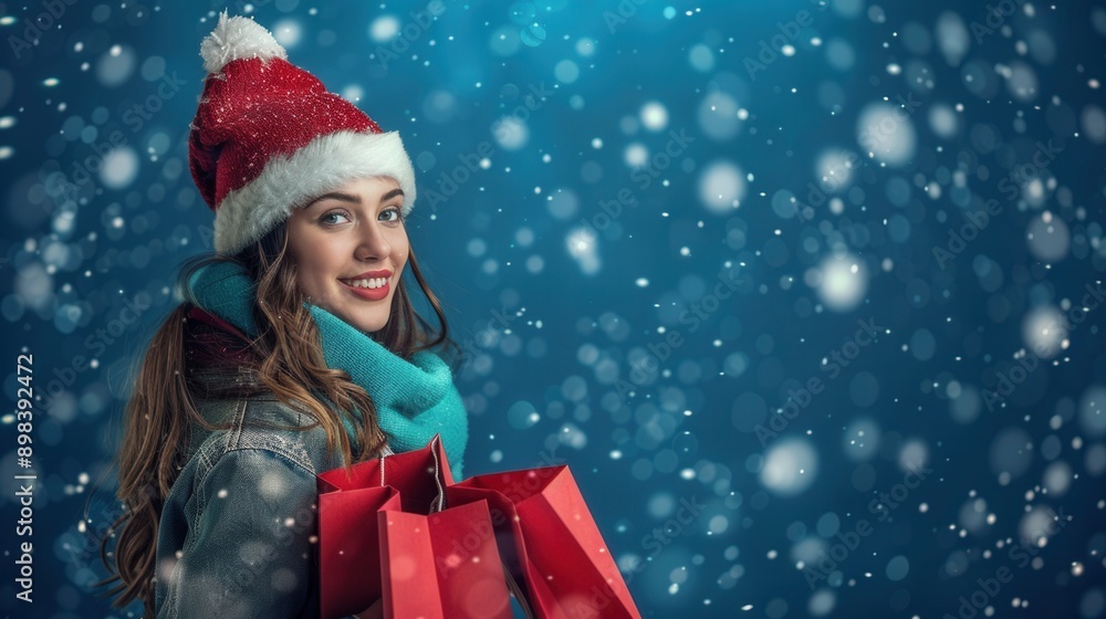 Beautiful female with shopping bag with winter snow background in holiday season Beautiful female with shopping bag with winter snow background in holiday season
