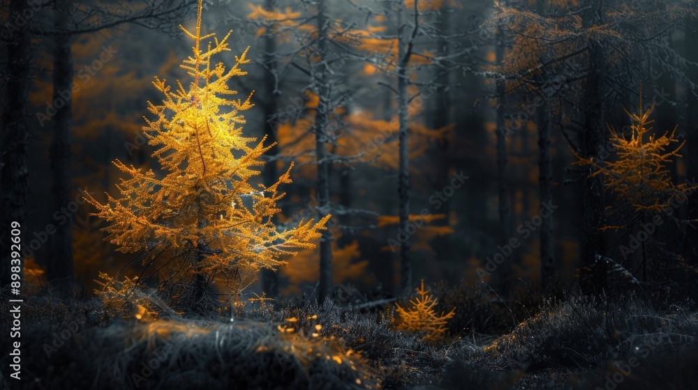 Fototapeta premium Golden Tree in a Dark Forest