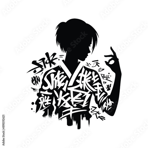 kungfu, Tai Chi  female player in graffiti tags, street art pattern illustration, emblem shield badge