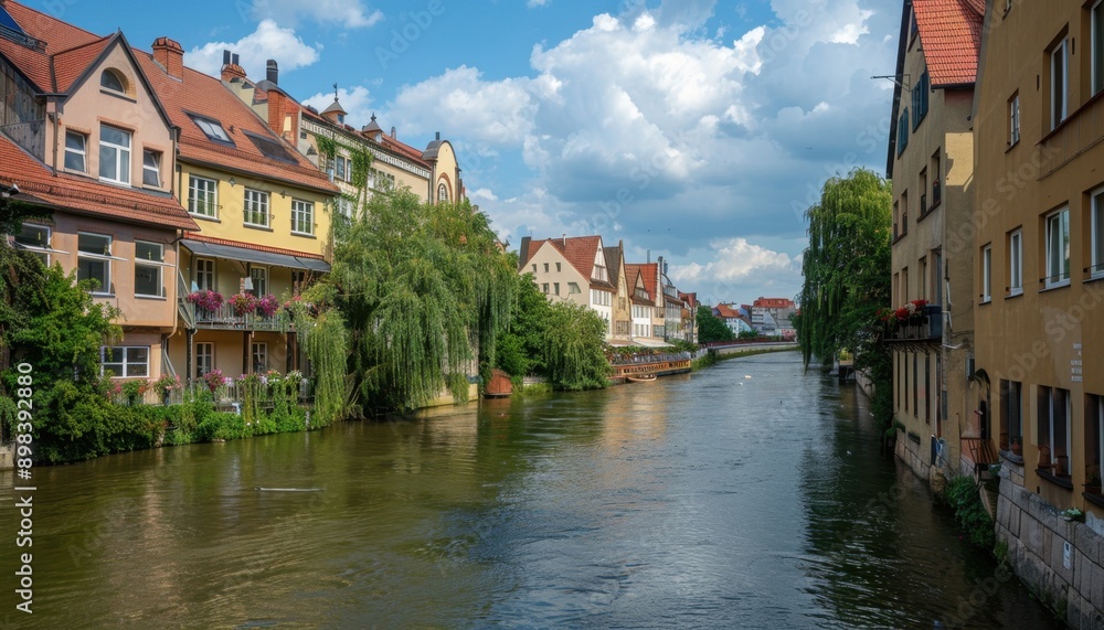 Colorful Buildings Lining a River in a German Town on a Sunny Day Colorful Buildings Lining a River in a German Town on a Sunny Day