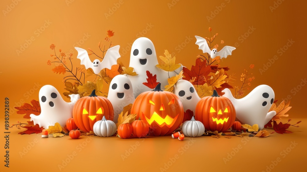 Cute ghosts and pumpkins, colorful Halloween, flat design illustration Cute ghosts and pumpkins, colorful Halloween, flat design illustration