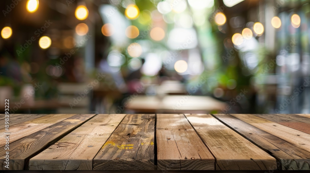 Blurred background of cafe behind wooden table Blurred background of cafe behind wooden table