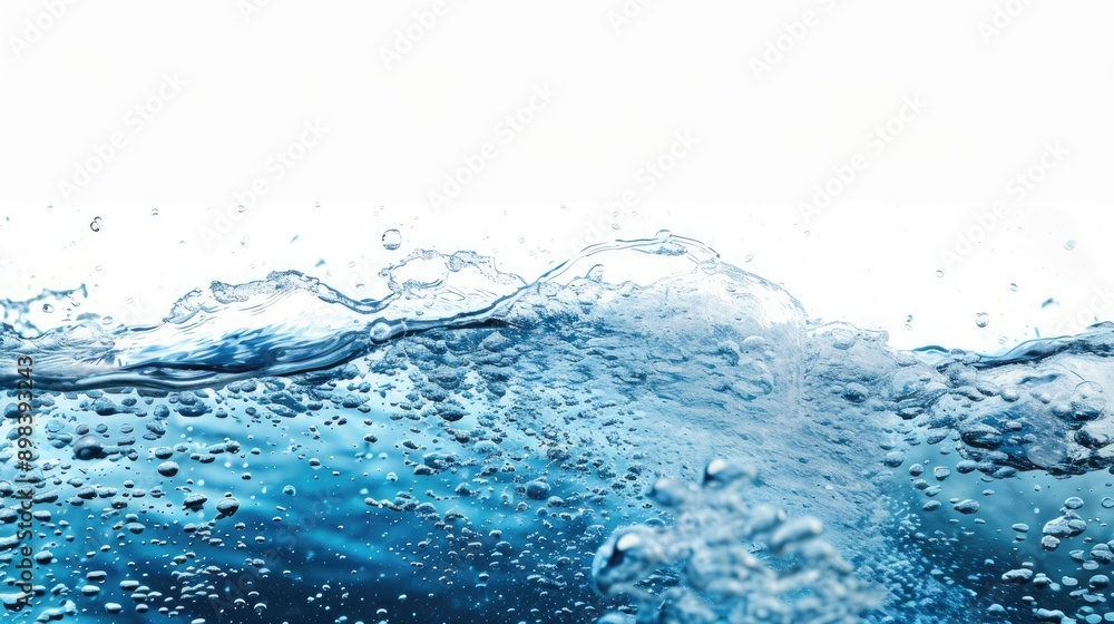 Blue water surface and bubbles motion against white backdrop Blue water surface and bubbles motion against white backdrop