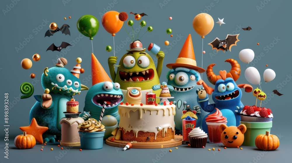 Naklejka premium Cute monsters having a party, spooky decorations, flat design illustration